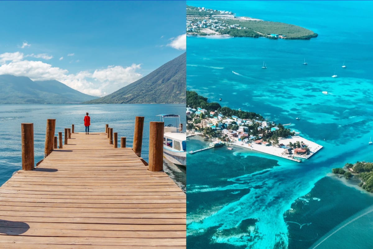 Comparison photo split photo with Lake Atitlan on one side and Caye Caulker on the other